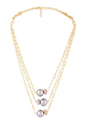 Gold Polish Layered Necklace With Grey Pearls 3