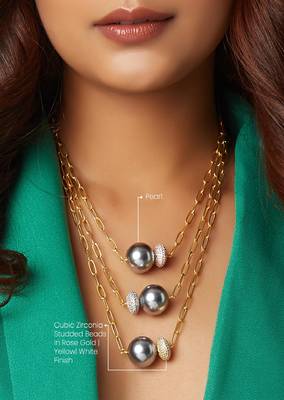 Gold Polish Layered Necklace With Grey Pearls 4