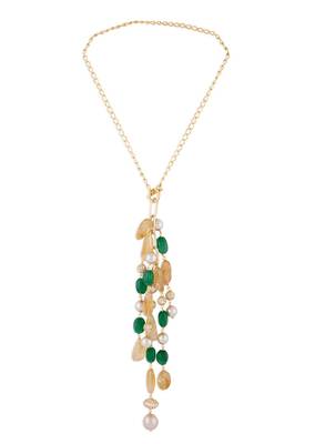 Yellow Citrine Tasseled Necklace With Green Onyx & White Pearls 3