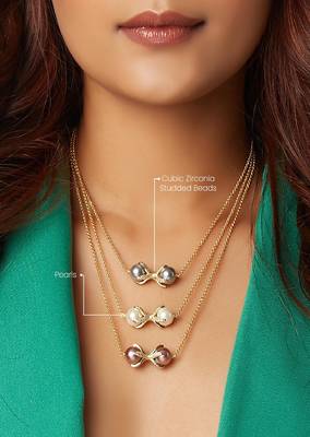 Gold Polish Layered Necklace With Multi-Colour Pearls 4