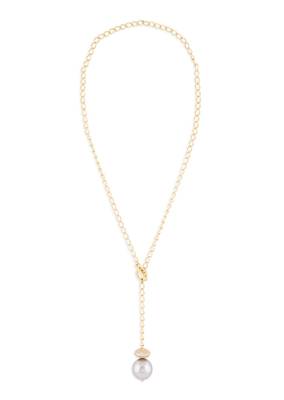 Gold Polish Lariat Necklace With Grey Pearl 3