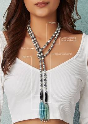 White & Grey Pearl Scarf Necklace With Multi-Colour Agate 4