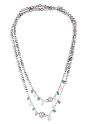 Grey Pearl Layered Necklace With Blue Turquoise 3