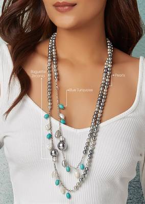 Grey Pearl Layered Necklace With Blue Turquoise 4