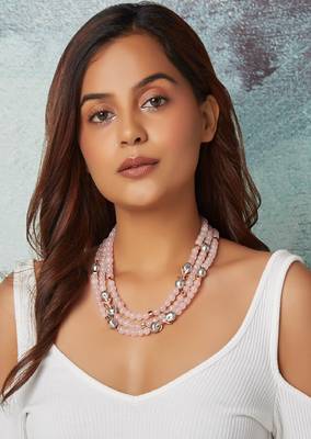 Pink Rose Quartz Layered Necklace With Grey Pearls 2