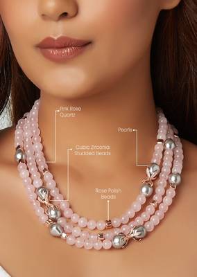 Pink Rose Quartz Layered Necklace With Grey Pearls 4