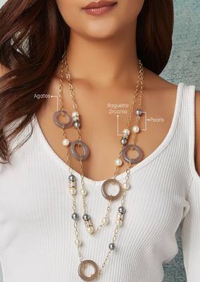 Grey Agate Rings Layered Necklace With Multi-Colour Pearls 4