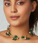 Green Onyx Layered Necklace With Golden Pearls