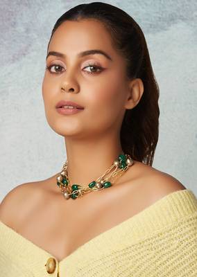 Green Onyx Layered Necklace With Golden Pearls 2
