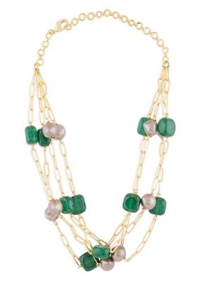 Green Onyx Layered Necklace With Golden Pearls 3