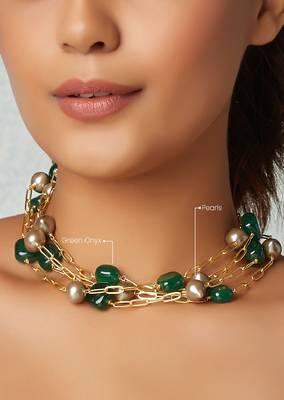 Green Onyx Layered Necklace With Golden Pearls 4