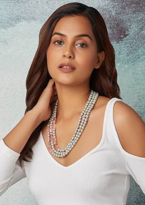 Grey Pearl Layered Necklace With Pink Rose Quartz 2