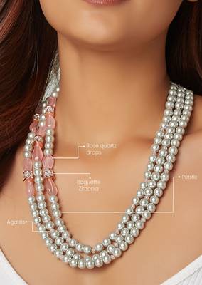 Grey Pearl Layered Necklace With Pink Rose Quartz 4