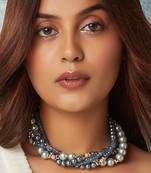 Blue Agate Layered Necklace With Grey Pearls