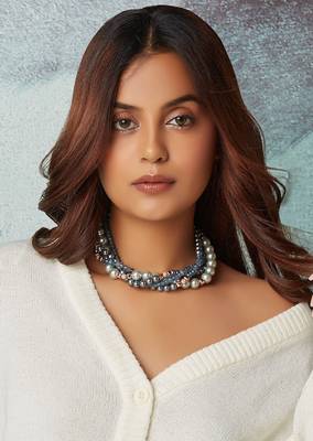 Blue Agate Layered Necklace With Grey Pearls 2
