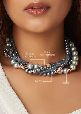 Blue Agate Layered Necklace With Grey Pearls 4