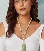 Golden Pearl Scarf Necklace With Shaded Green Agates