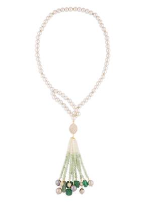 Golden Pearl Scarf Necklace With Shaded Green Agates 3