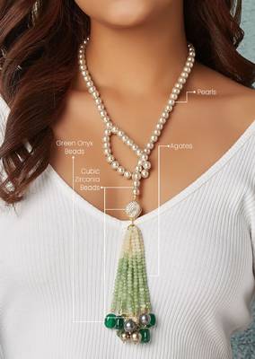 Golden Pearl Scarf Necklace With Shaded Green Agates 4
