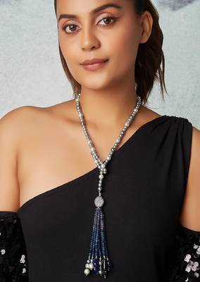 Grey Pearl Scarf Necklace With Blue Agates 1