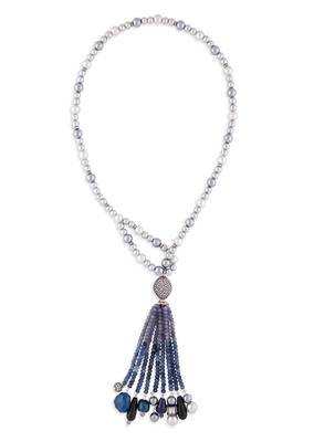 Grey Pearl Scarf Necklace With Blue Agates 3