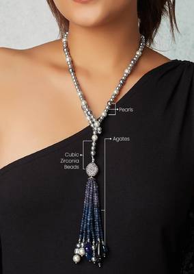 Grey Pearl Scarf Necklace With Blue Agates 4