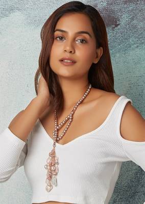 Rose Gold Quartz Scarf Necklace With Pink & White Pearls 2