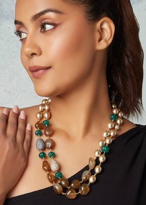 Golden Pearl Scarf Necklace With Brown Agates & Green Melon Beads 1