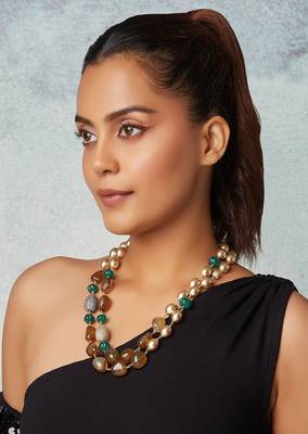 Golden Pearl Scarf Necklace With Brown Agates & Green Melon Beads 2