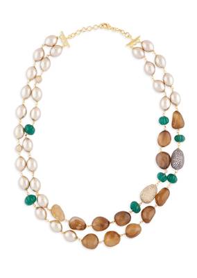 Golden Pearl Scarf Necklace With Brown Agates & Green Melon Beads 3