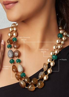 Golden Pearl Scarf Necklace With Brown Agates & Green Melon Beads 4