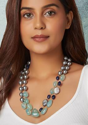 Grey Pearl Layered Necklace With Agate Tumbles 1