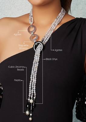 Grey Agate Scarf Necklace With Black Onyx 4