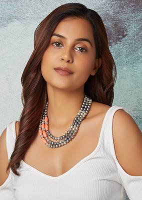 Grey Pearl Layered Necklace With Orange Coral 2