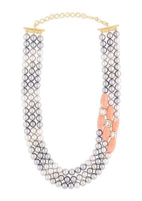 Grey Pearl Layered Necklace With Orange Coral 3