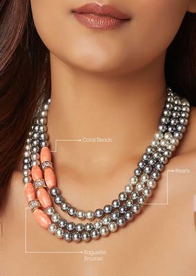 Grey Pearl Layered Necklace With Orange Coral 4