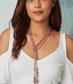 Pink Agate Beaded Scarf Necklace With Grey Pearls