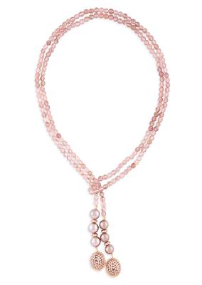 Pink Agate Beaded Scarf Necklace With Grey Pearls 3