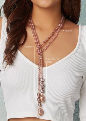 Pink Agate Beaded Scarf Necklace With Grey Pearls 4