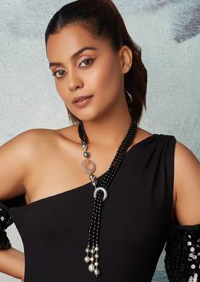 Black Onyx Beaded Scarf Necklace With Grey Pearls 2