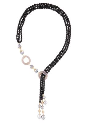 Black Onyx Beaded Scarf Necklace With Grey Pearls 3