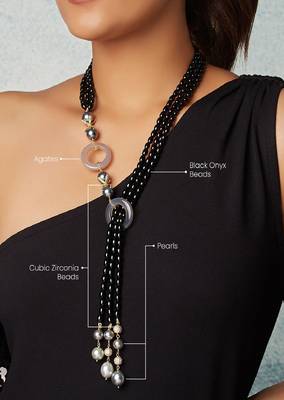 Black Onyx Beaded Scarf Necklace With Grey Pearls 4