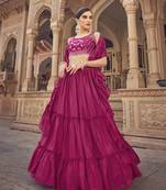 Pink thread embroidered with mirror work chinon semi stitched party wear lehenga choli