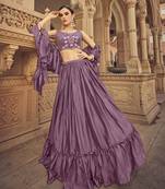 Purple thread embroidered with mirror work chinon semi stitched lehenga choli for women 