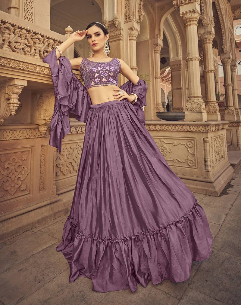 Purple thread embroidered with mirror work chinon semi stitched lehenga choli for women 