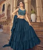 Blue thread embroidered with mirror work cotton semi stitched lehenga choli and dupatta