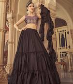 Brown thread embroidered with mirror work chinon semi stitched party wear lehenga choli