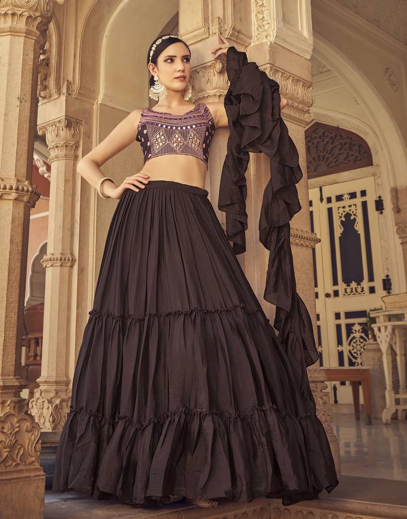 Brown thread embroidered with mirror work chinon semi stitched party wear lehenga choli