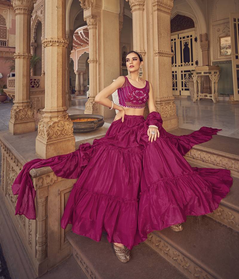 Pink thread embroidered with mirror work chinon semi stitched party wear lehenga choli