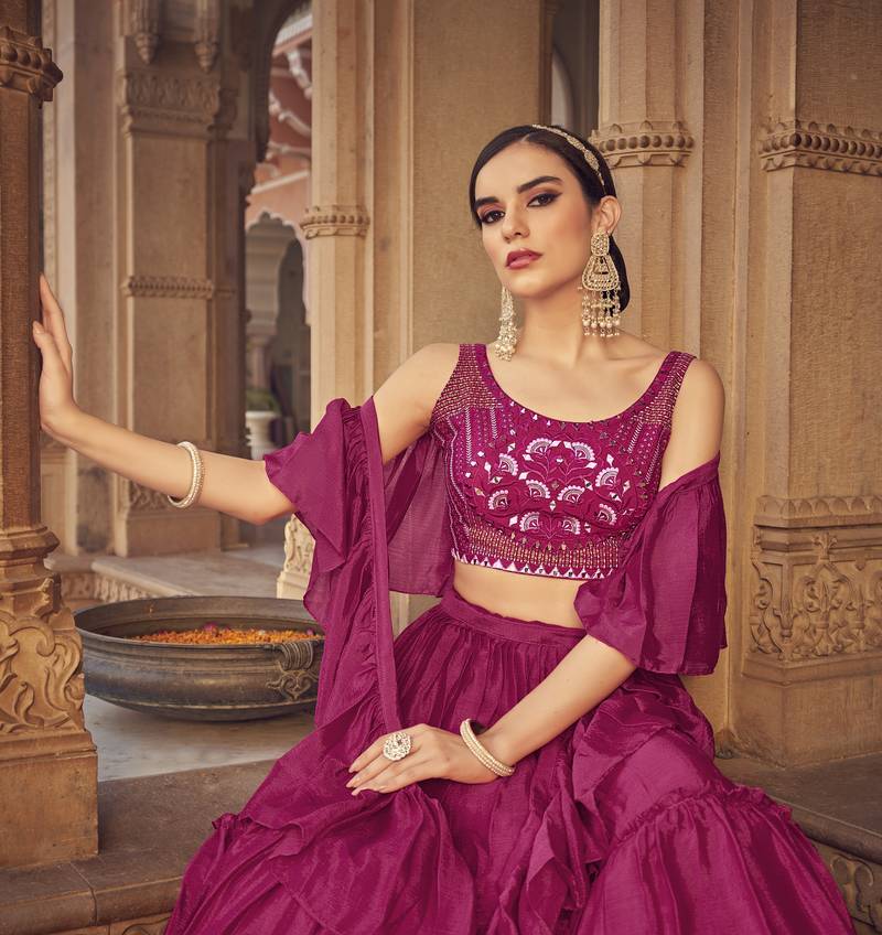 Pink thread embroidered with mirror work chinon semi stitched party wear lehenga choli